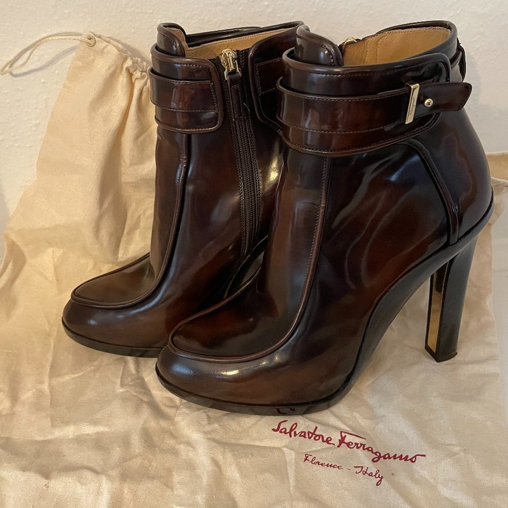 Salvatore Ferragamo Chocolate Patent Ankle Strap Moto Booties